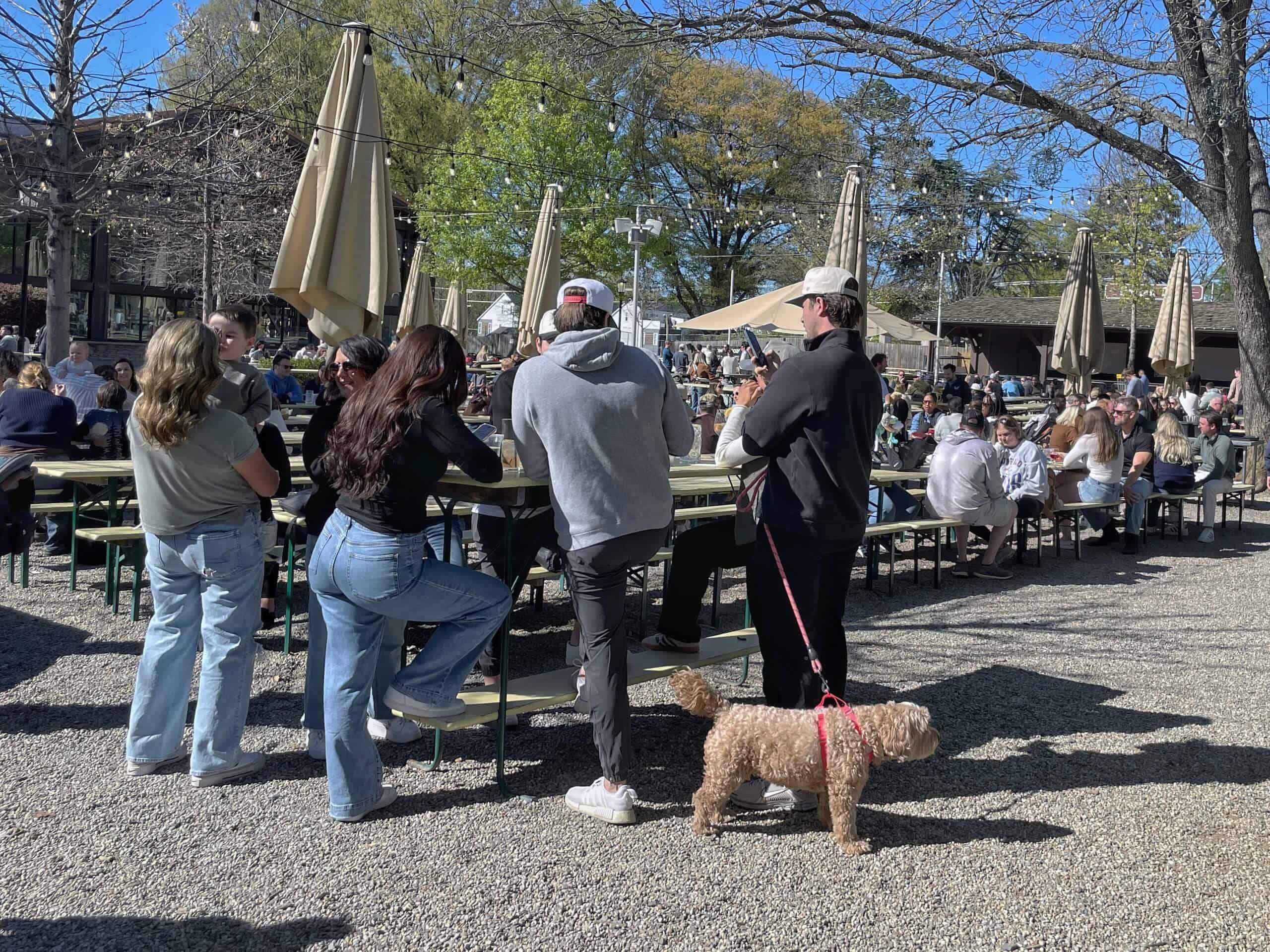LoSo Charlotte Olde Mecklenburg Brewery outdoor patio with a soup of people standing and drinking beer, with a dog in the foreground

