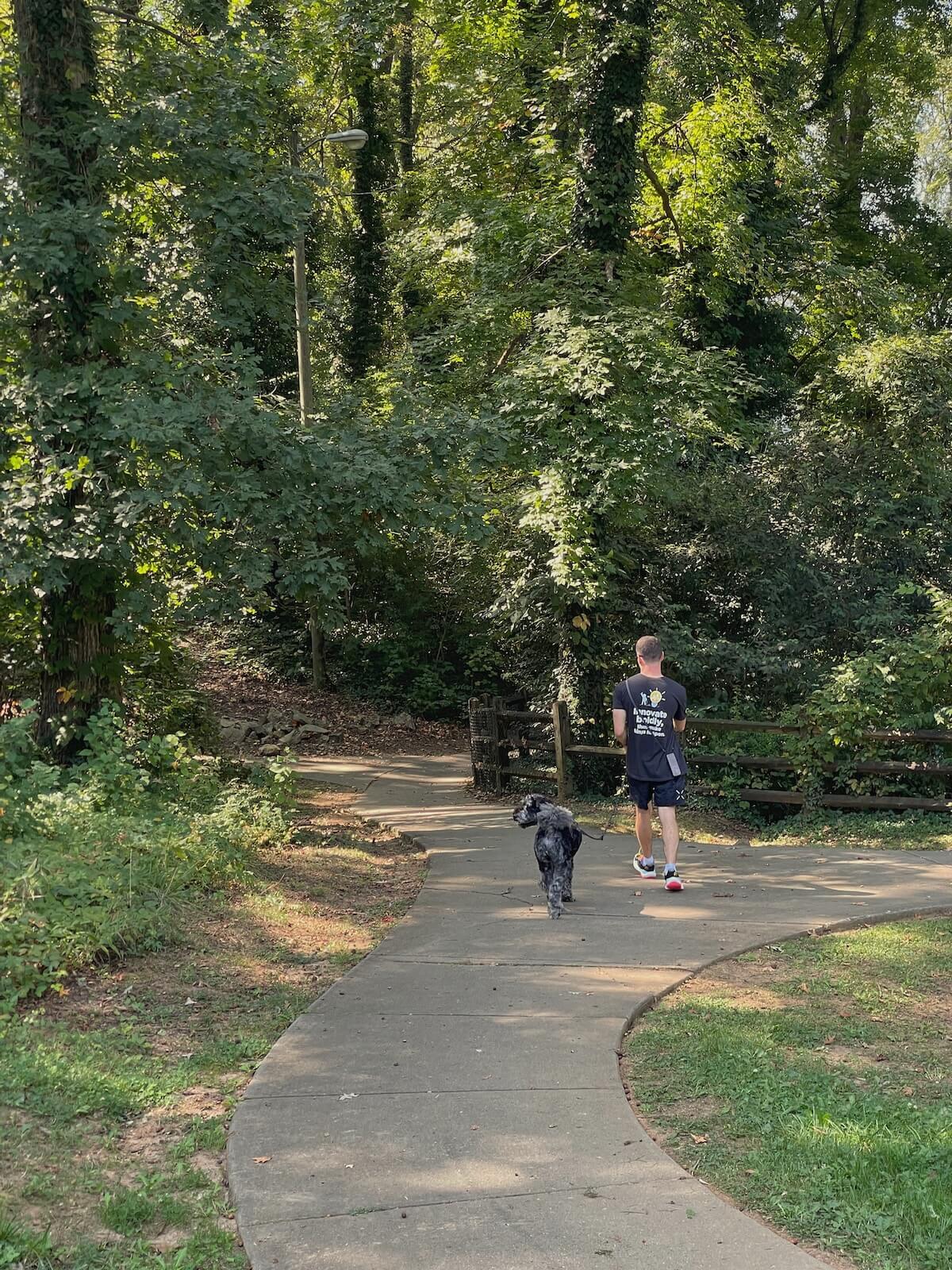 man walking dog along the Sugar Creek Greenway in Optimist Park Charlotte