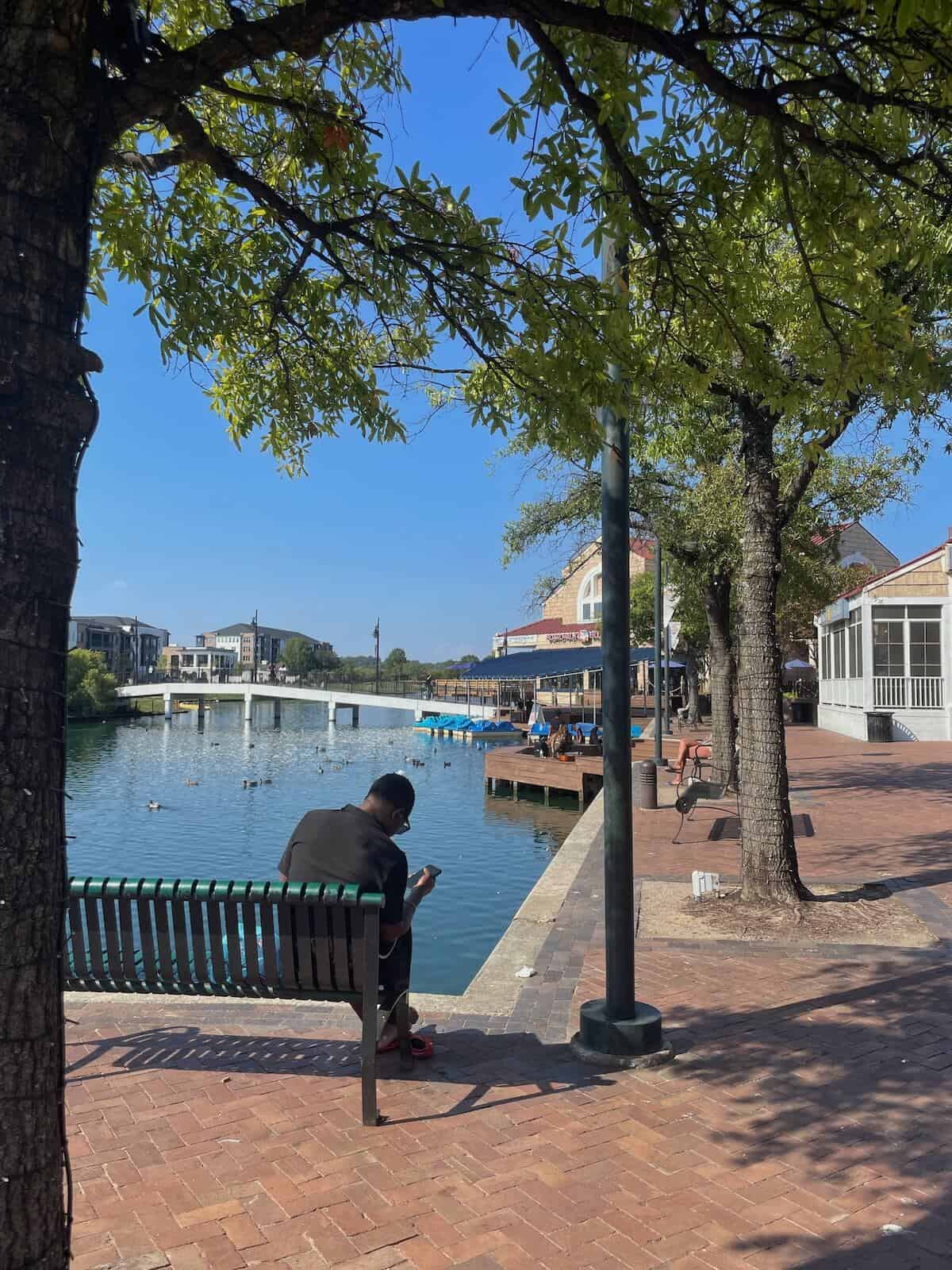 Person sitting on a bench by the waterfront with trees and buildings in University City, Charlotte.