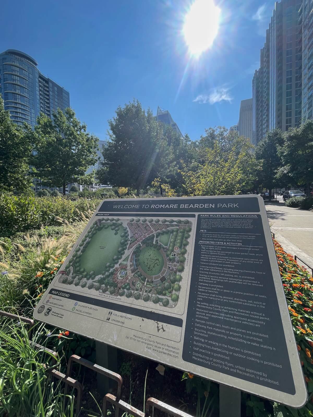 Sign for Romare Bearden Park in Uptown Charlotte on a sunny day