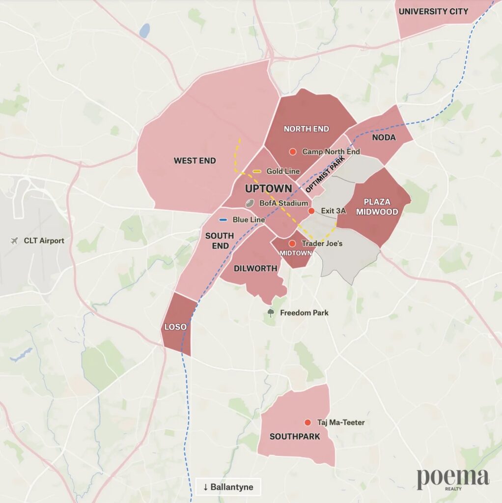 Central Charlotte neighborhoods including Uptown, South End, NoDa, Plaza Midwood and more. These are the most popular neighborhoods for relocating renters.