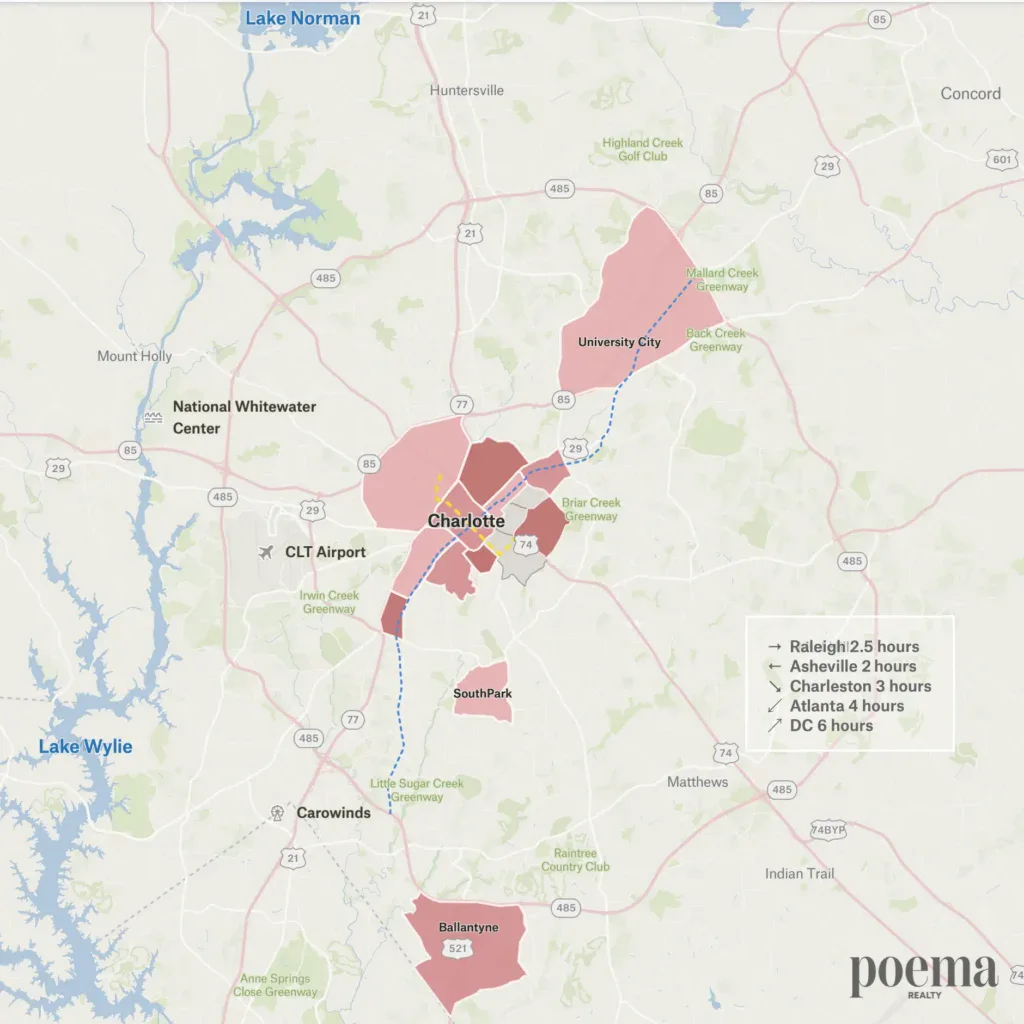 Map of greater Charlotte with key suburbs shown, highways, parks, and central neighborhoods shaded.