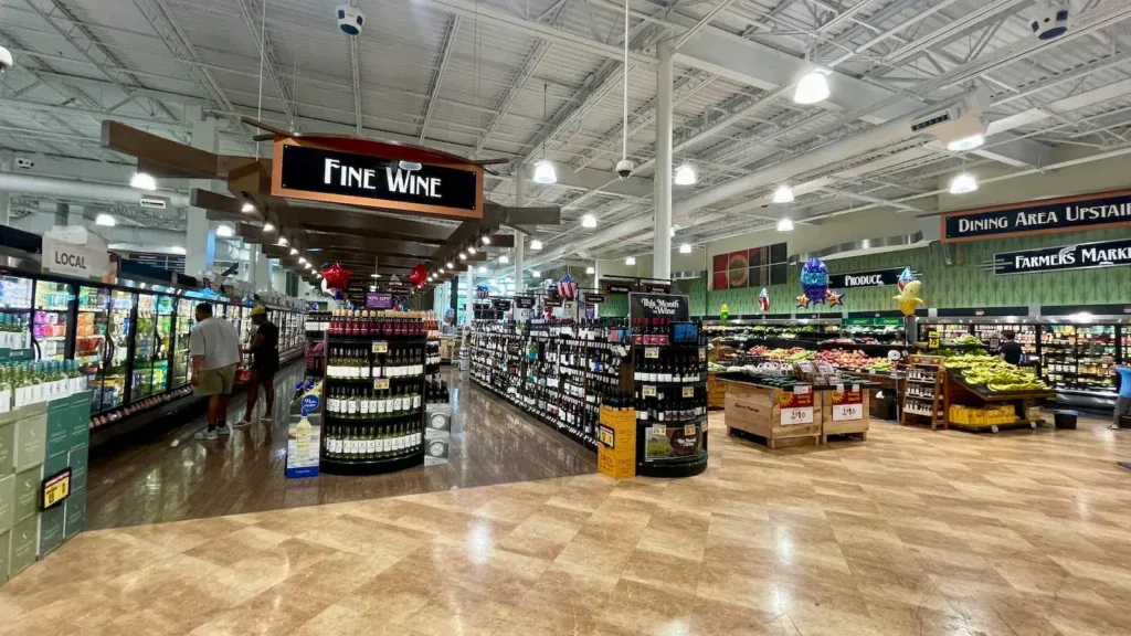 The wine and produce section inside the Harris Teeter in Plaza Midwood Charlotte. For people moving from New York to Charlotte, it's a nice surprise to see wine on the shelves literally everywhere. 